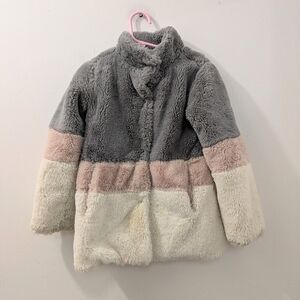 C&C California Plush Jacket Girls 6 Gray Tri-Color Faux Fur Teddy Coat Cozy